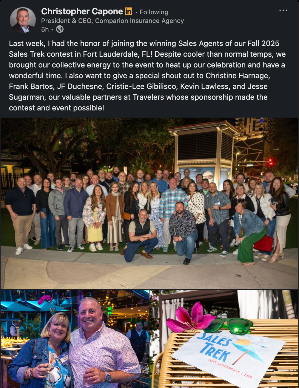Insurance marketing - Christopher Capone celebrates employee achievements, work anniversaries, team photos from events and charity initiatives on LinkedIn