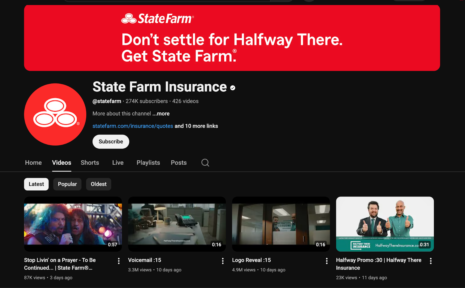 Insurance marketing - StateFarm YouTube Page