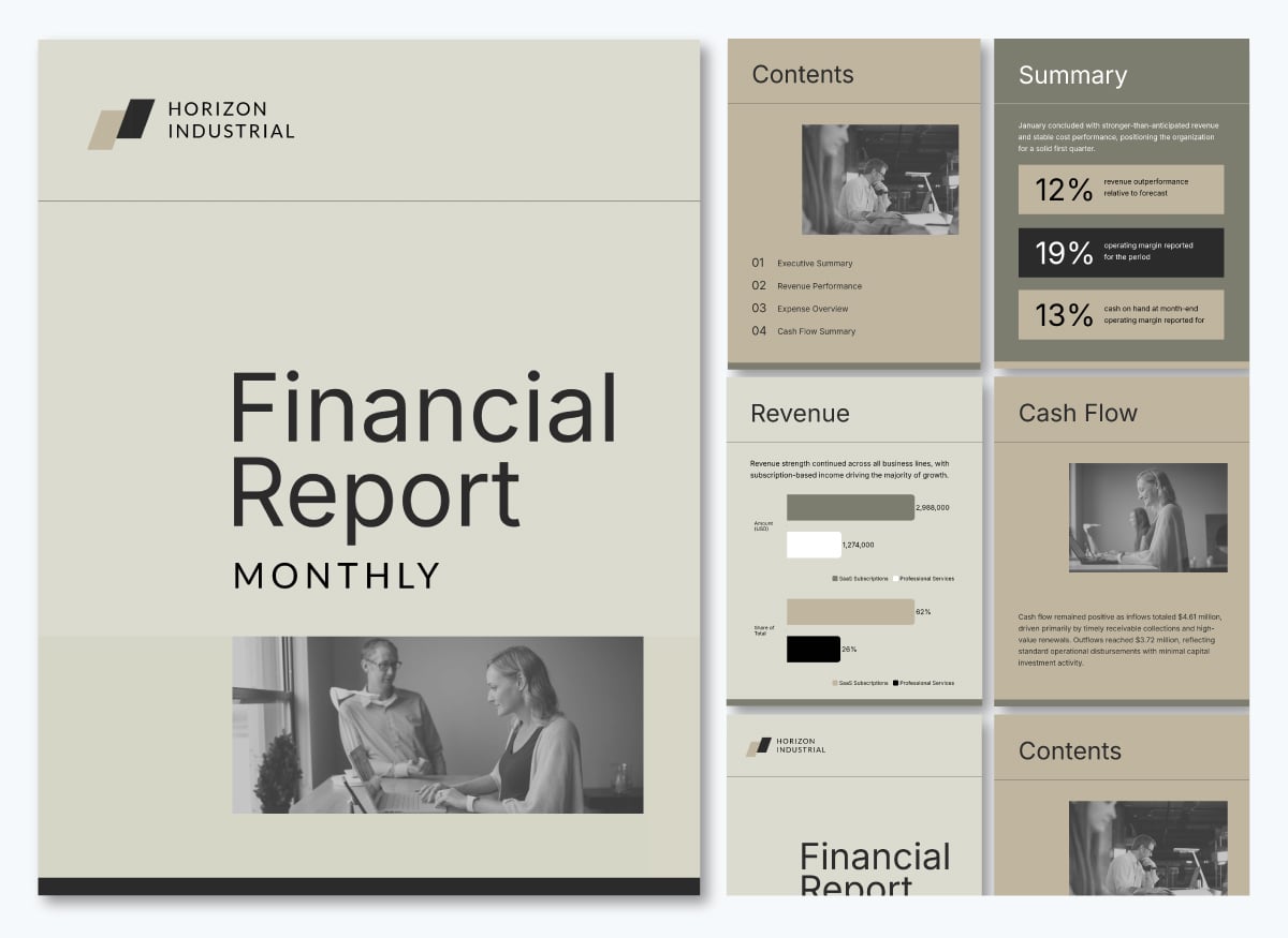 monthly financial report template in Visme