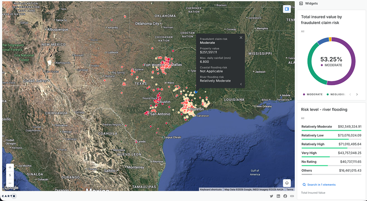 Insurance Data Visualization - Carto flood fraud detection interactive map