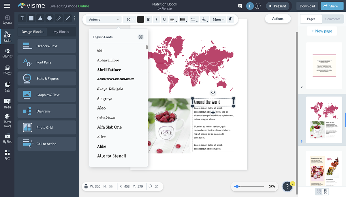 How to create an ebook - A screenshot of a nutritional ebook - A screenshot of a map on an ebook page being editor in Visme's graph engine.