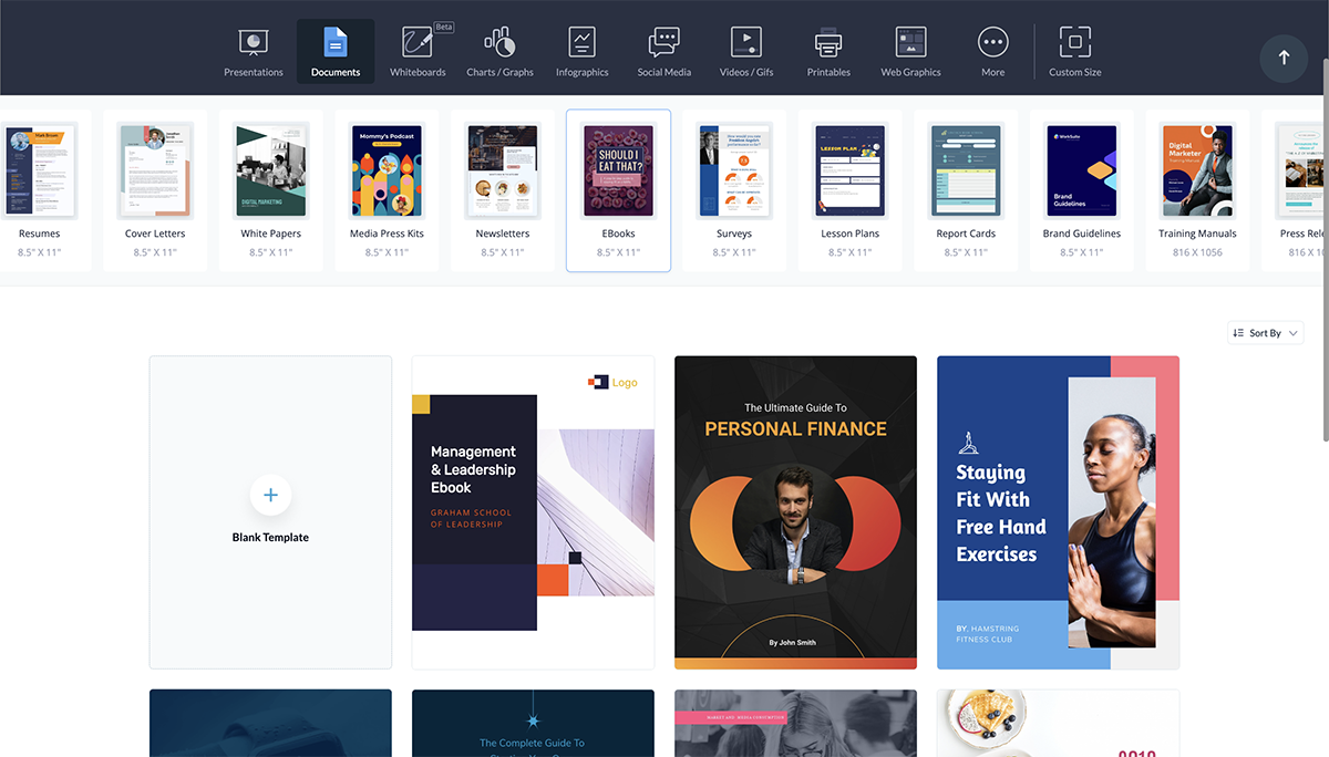 How to create an ebook- A screenshot of the available ebook templates in Visme's design dashboard. - A screenshot of a nutritional ebook template in Visme's design editor.