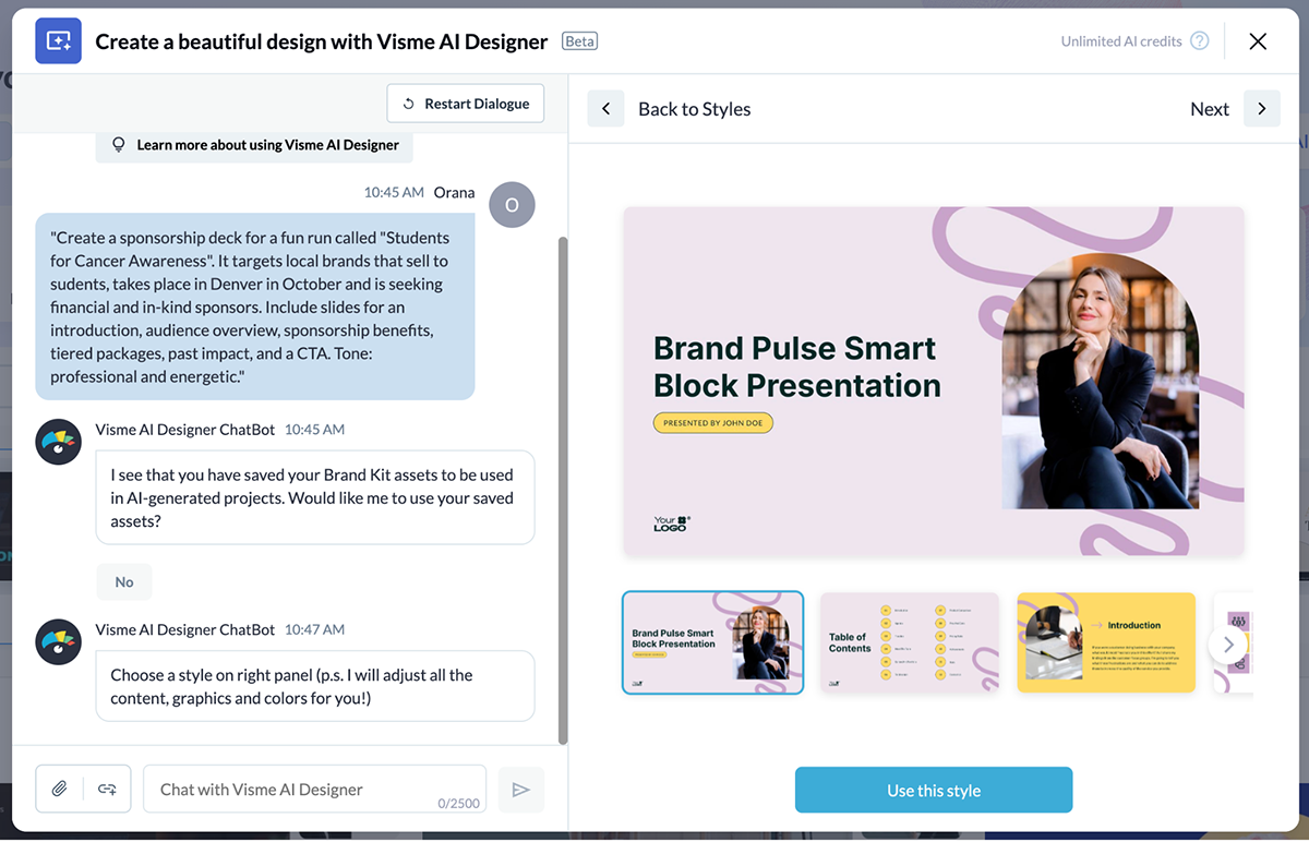 How to write an impressive sponsorship deck - create a beautiful design with Visme's ai designer
