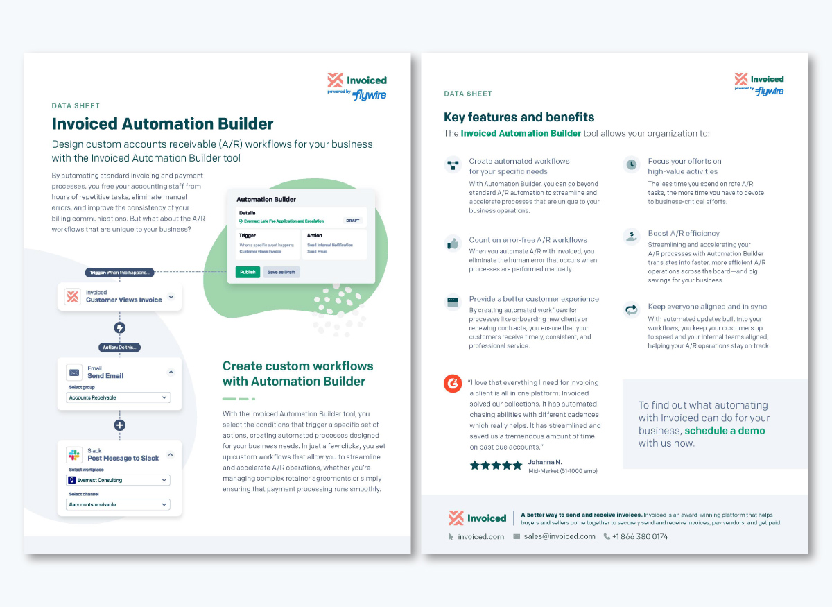 Sales one pager: 18 real examples and templates to close more deals - Invoiced automation builder data sheet