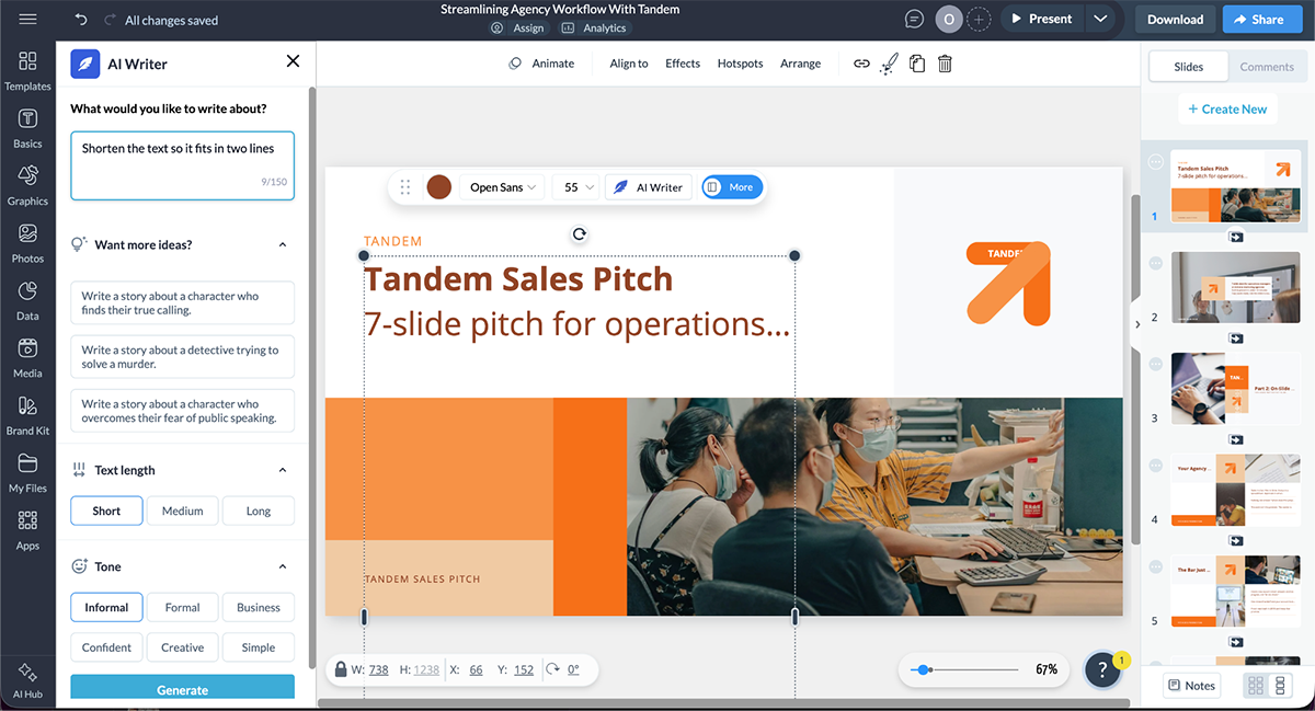 Sales Pitch Presentation - Fix truncated text and tighten copy with AI Writer