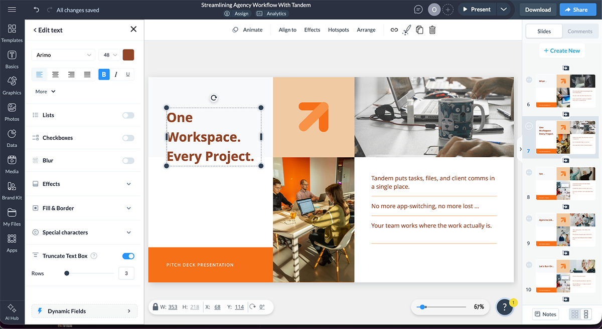Sales Pitch Presentation - Fix truncated text and tighten copy with AI Writer