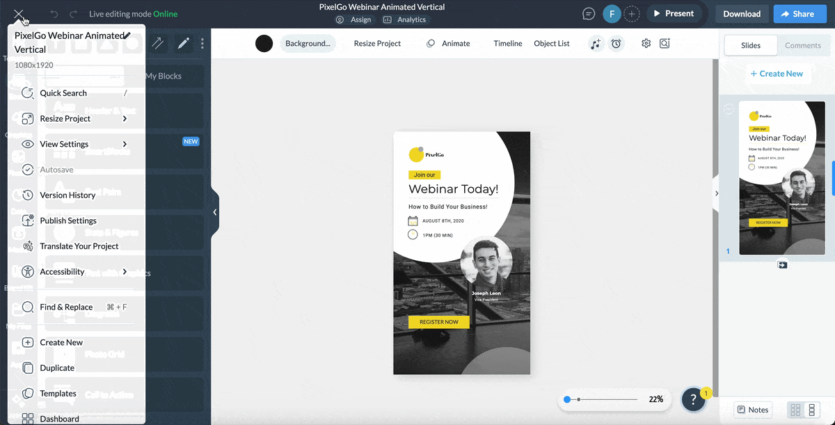 GIF of Visme's resize and export flow 