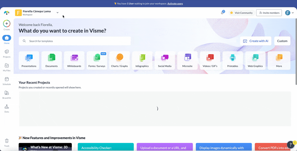 a GIF of starting the design process with a template in Visme
