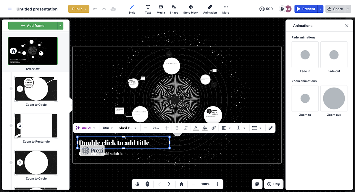 Interactive Sales Presentation Software - Prezi; an image of the tool's dashboard with their interactive features showing