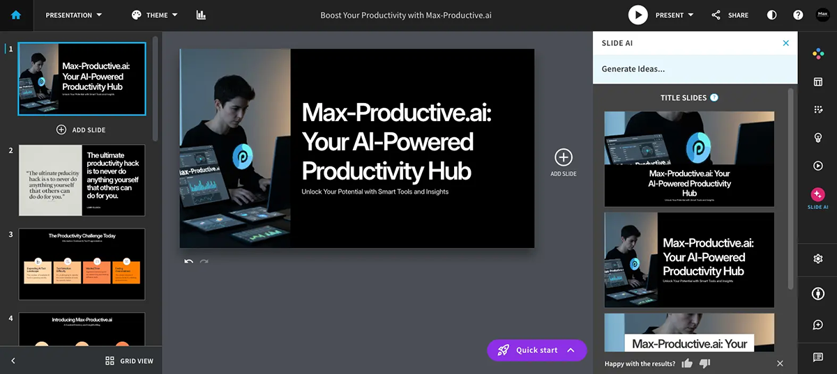 Interactive Sales Presentation Software - Beautiful.ai; an image of the tool's dashboard with their interactive features showing