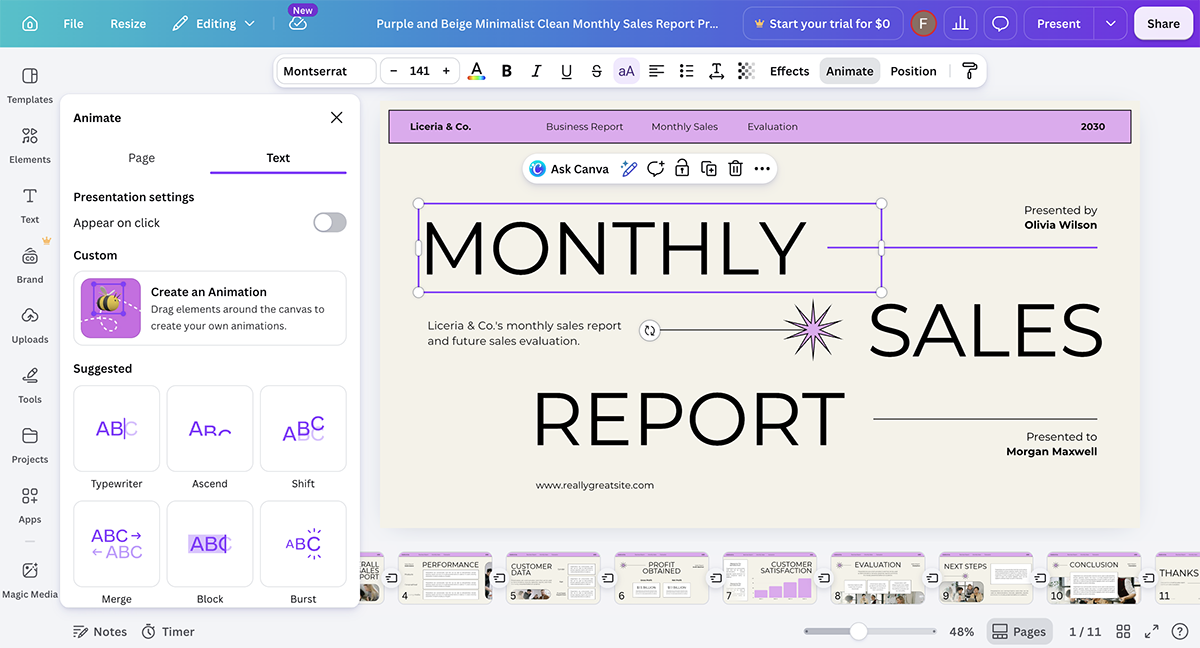 Interactive Sales Presentation Software - Canva; an image of the tool's dashboard with their interactive features showing