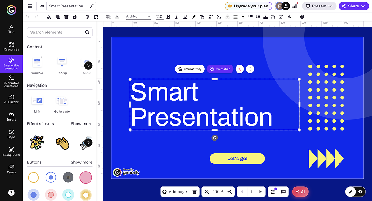 Interactive Sales Presentation Software - Genially; an image of the tool's dashboard with their interactive features showing