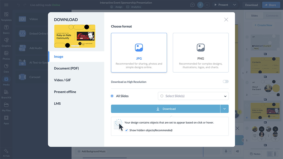  Screenshot of the sharing and download page in Visme