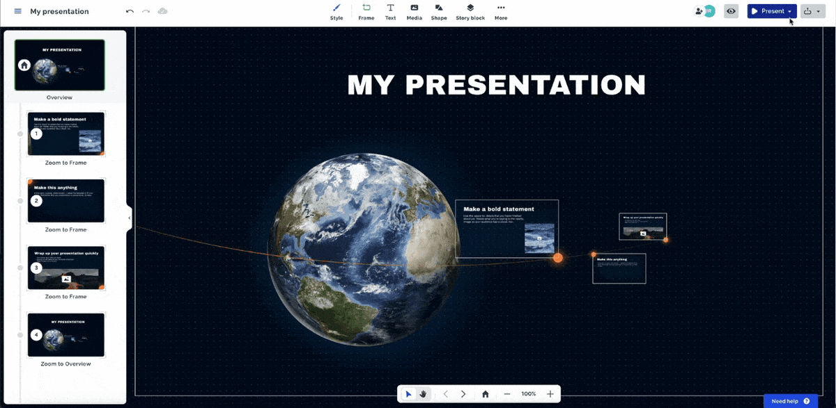 interactive video presentation - Prezi interface