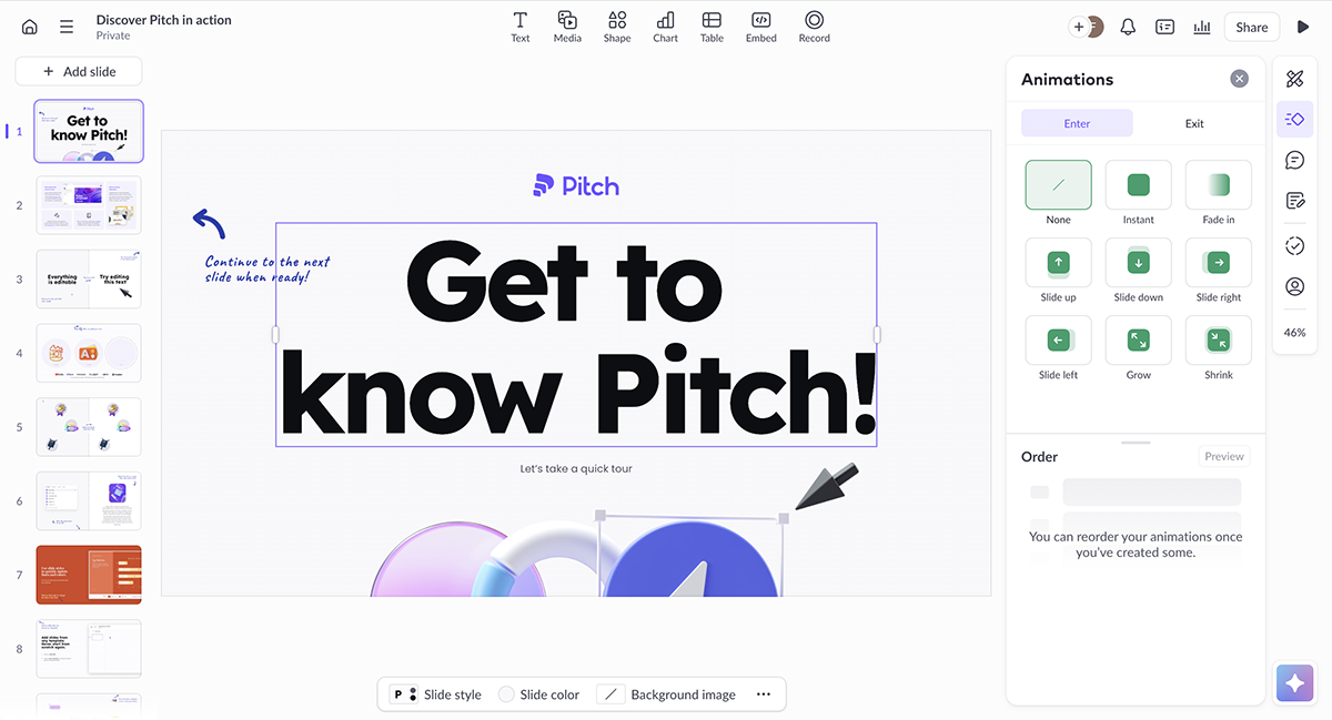 Interactive Sales Presentation Software - Pitch; an image of the tool's dashboard with their interactive features showing