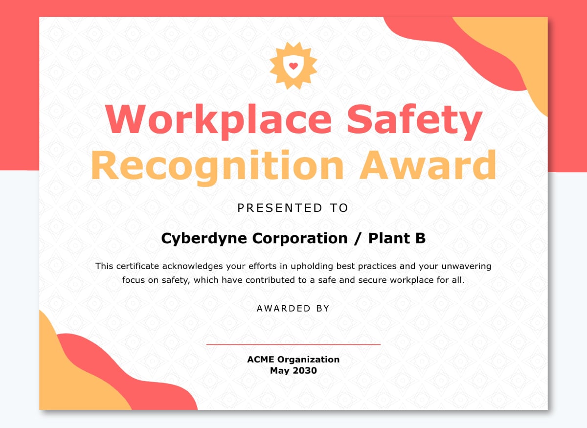 Safety Excellence Recognition Certificate Template