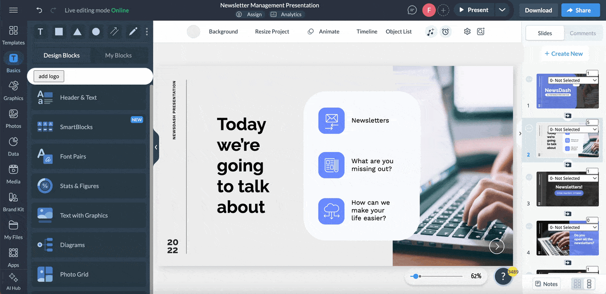 Sales content production - a GIF of how to add interactive hotspots to sales content 