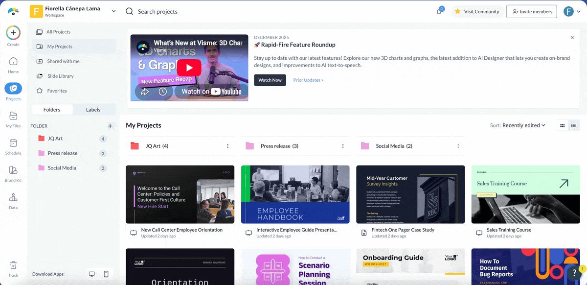 A GIF of how to archive content in Visme