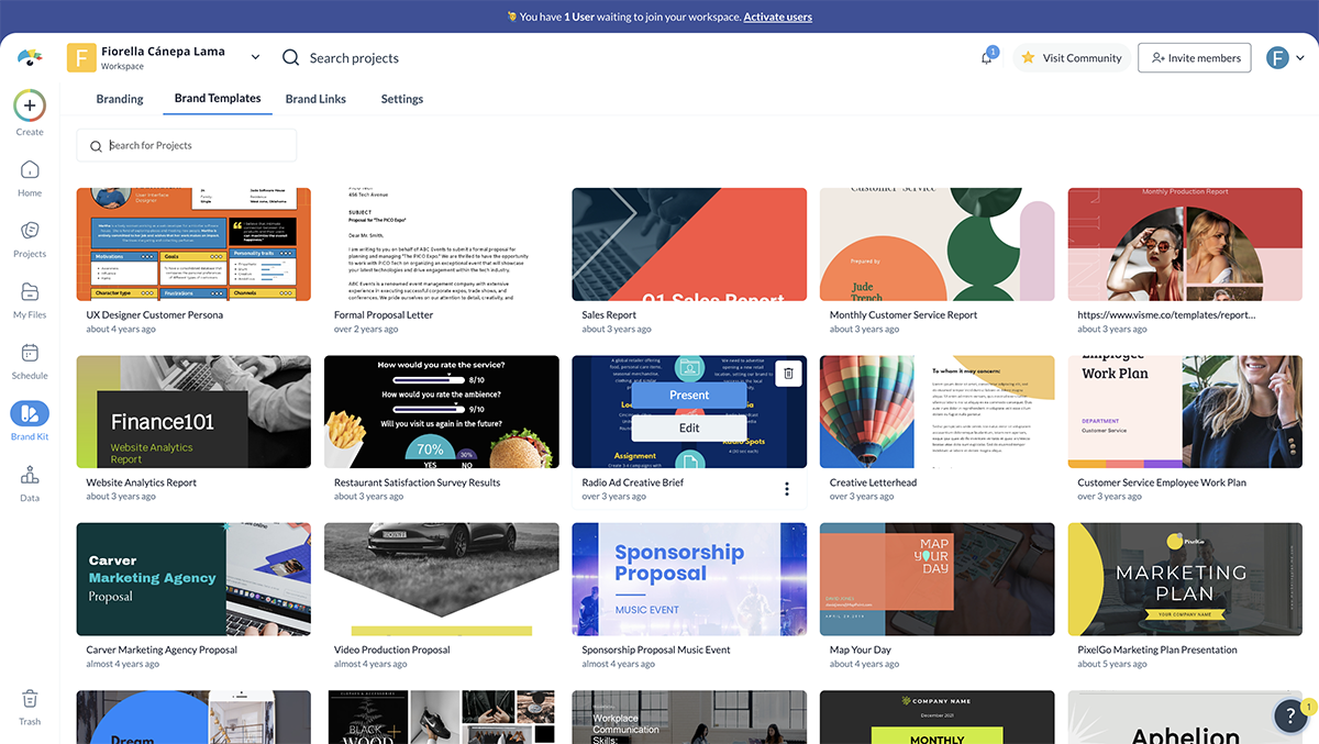 sales content production - screenshot of the Branded Templates tab with a stage-named set of templates.