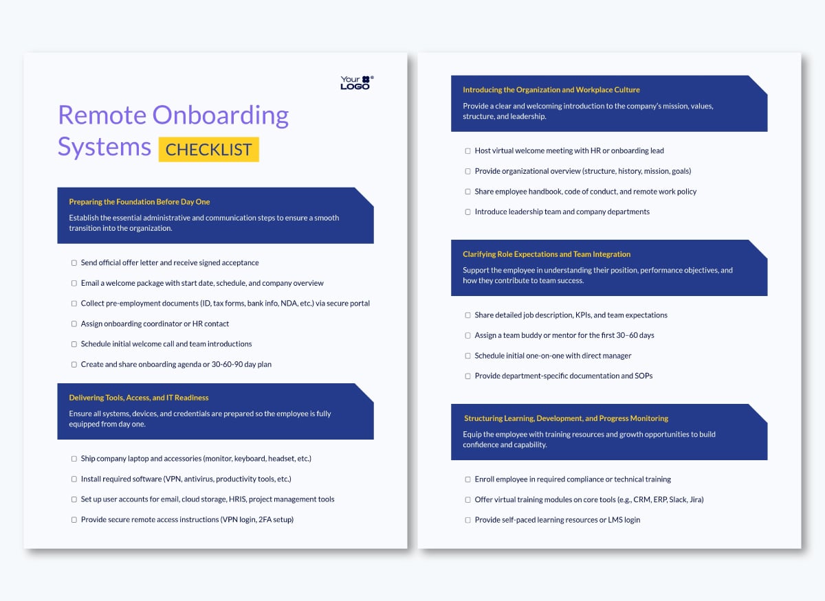 employee onboarding training - Remote Onboarding Systems Checklist 